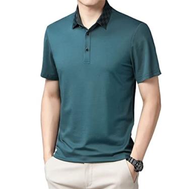 Imagem de Polos masculinos de poliéster cor sólida camisa esportiva slim-fit leve manga curta absorção de umidade estiramento seco esporte moda(Color:Dark Green,Size:L)