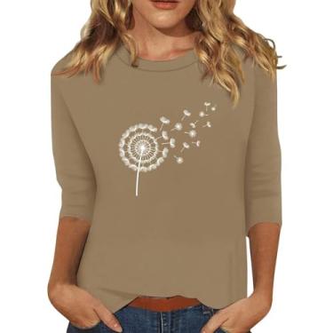 Imagem de Camiseta feminina gola redonda manga 3/4 camiseta estampada dente-de-leão ajuste solto blusa casual roupas para sair, Caqui, G