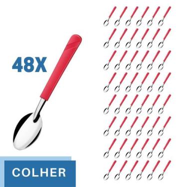 Imagem de 48 Colheres de Sopa Aço Inox Cabo Plástico Vermelho Luna - Taumer, Lun