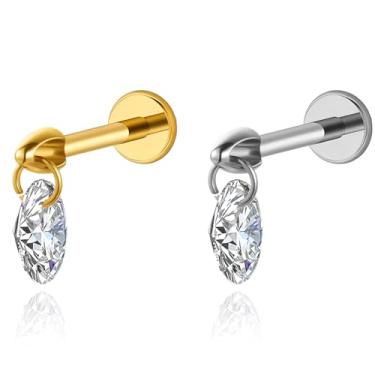 Imagem de LOMISS Brinco Piercing Helix Conch Labret Titânio Pvd Pingente Oval Zirconia 1.2x8 (Dourado)