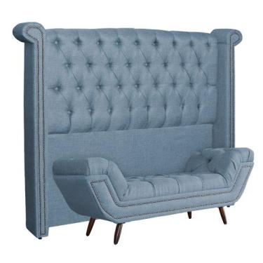 Imagem de Conjunto Sienna Cabeceira e Recamier Queen 160 Cm Linho Azul - LM DECO