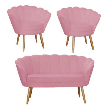 Imagem de Kit Pétala Namoradeira e 2 Poltronas Decorativa Pés Palito Suede Rosa 