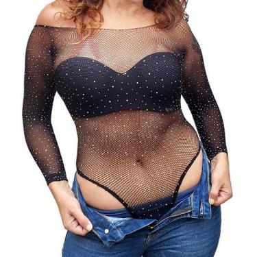 Imagem de Body Manga Longa Arrastão com Strass + Sutiã sem alça Preto Alça Remov