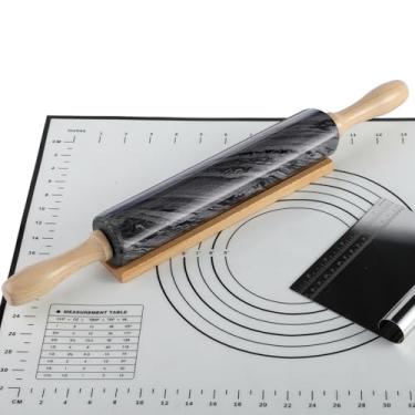 Imagem de Rolo de massa de mármore natural africano, rolo de massa polido antiaderente, macarrão, bolinho, fondant, massa de torta, pão, massa de pizza, utensílios de pastelaria de cozinha com esteira/raspador