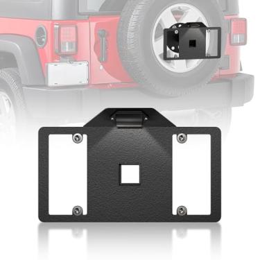 Imagem de EYOUHZ Moldura de placa de licença de pneu sobressalente com luz LED compatível com Jeep Wrangler JK JKU e TJ e YJ 1987-2018 (2/4 portas), suporte de suporte de licença para montagem de realocação,