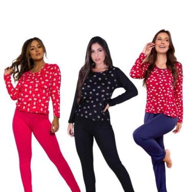Imagem de Kit 3 Pijamas Femininos Adulto Inverno Longo Aveludado Conforto Suede 