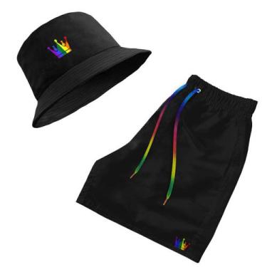 Imagem de Short Praia + Chapeu Bucket Hat Masculino Com Cordao LGBT - MP Moda Ma