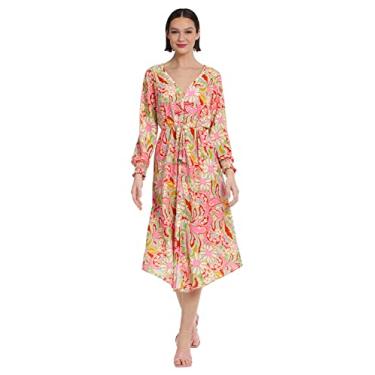 Imagem de Donna Morgan Vestido midi feminino estampado floral decote em V verão dia divertido evento data convidada de, Aqua/Vermelho Fogo, 50