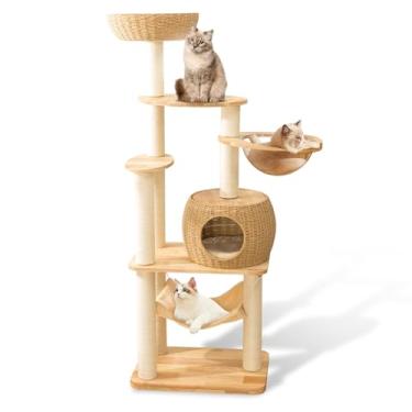 Imagem de Torre grande e moderna para gatos de 150 cm, arranhadores cobertos de sisal para gatos internos, árvore de madeira de carvalho para gatos grandes, condomínio de vários níveis para gatos com ninho de