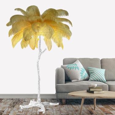 Imagem de Lâmpada de pé moderna, luz de proteção ocular regulável com abajur de penas, corpo e pedal prateados de resina, lâmpada de leitura de penas de chão