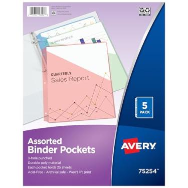 Imagem de Avery Bolsos para fichários de 3 anéis, cores sortidas, serve para documentos de 21,6 cm x 28 cm, sem ácido e seguro para arquivamento, total de 5 pastas (75254)