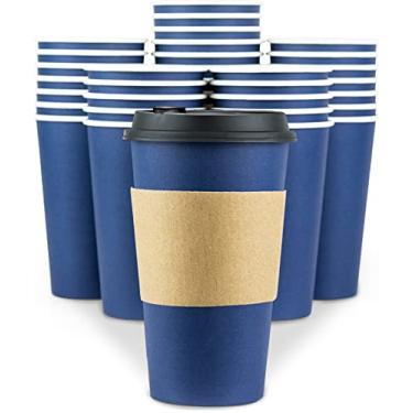 Imagem de Xícaras de café descartáveis com tampas - Xícaras de café para viagem de 473 ml (conjunto de 80) com mangas e tampas apertadas evitam vazamentos. O copo quente de papel mantém a forma com bebidas