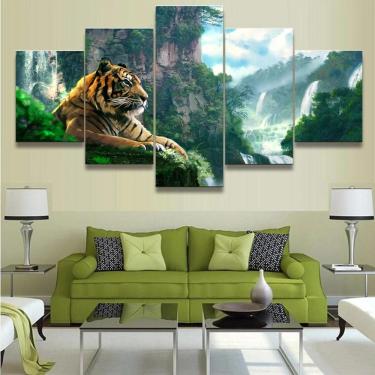 Imagem de Quadro Decorativo Mosaico De 5 Peças Tigre Na Selva