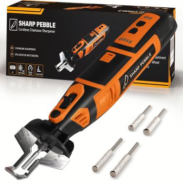 Imagem de Sharp Pebble Electric Cordless Chainsaw Sharpener Kit - Comes with Chain Saw Sharpener Tool, 4 File Size Diamond Sharpening Wheels, Angle Attachment, Wrench & eBook