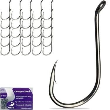Imagem de Pristis Pacote com 25 anzóis de polvo, 1/0, anzóis de pesca com bico de aço de alto carbono para água salgada e doce, conjunto de ganchos de pesca a granel, minhoca, anzol farpado forte para robalo,