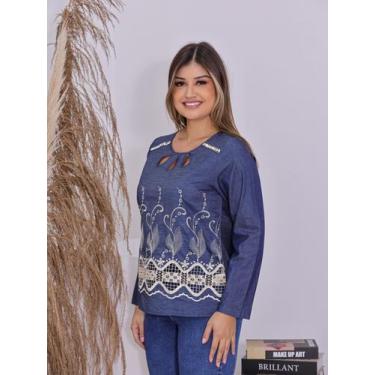 Imagem de Blusa Feminina Manga Longa Jeans com Bordado Casual - SML Fashion, Mul