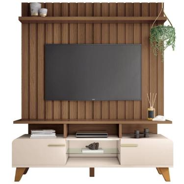 Imagem de Rack Para Sala émile Com Painel Para Tv Ripado 60 Pol Conect B01 Off White Castanho - Lyam Decor