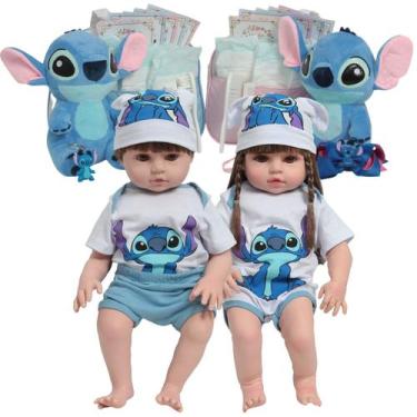 Imagem de Boneca Reborn Gêmeos Recém Nascidos Enxoval Stitch Completo - Cegonha 