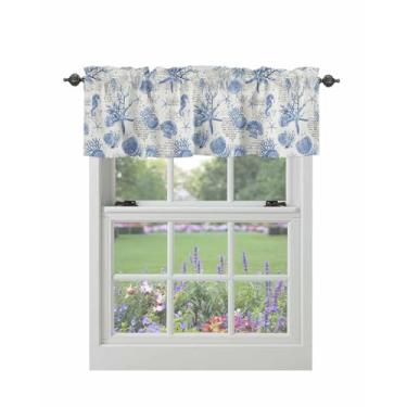 Imagem de Cortina para Janelas Azul Cavalo Marinho Estrela do Mar Coral Varão Bolso Sanefa Tratamentos Estilo Vintage Cortinas Curtas para Cozinha Janelas Sala de Estar Quarto Decoração 137 x 45 cm
