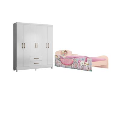 Imagem de Quarto Solteiro Guarda-roupa 6 Portas 2 Gavetas Com Cama Tema Personalizada Princesa Leartam