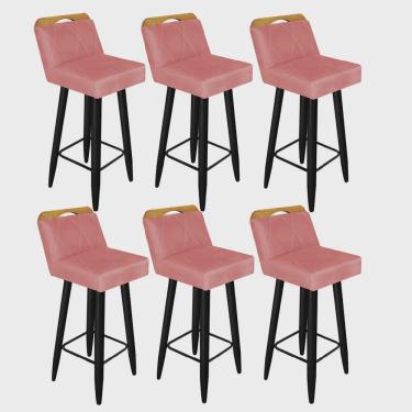 Imagem de Kit 06 Banqueta Alta c/ Encosto Lith Para Cozinha Bar Balcão Bistrô Pé Palito Preto Suede Rose Gold - Ahz Móveis