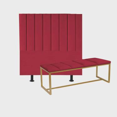Imagem de Kit Cabeceira Carla e Calçadeira Industrial 160cm Queen Size Box Ferro Dourado Corino Vermelho - Ahz Móveis