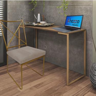 Imagem de Kit Escritório Clark Cadeira e Mesa Industrial Ferro Dourado Tampo mdf Caramelo Sintético Bege - Ahz Móveis