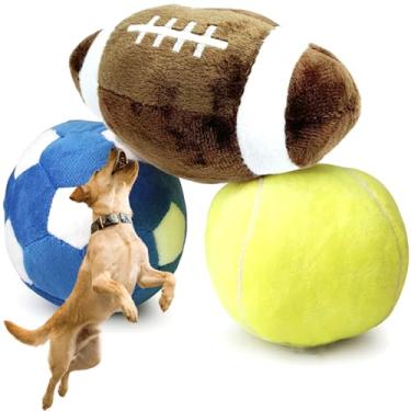 Imagem de Bola de brinquedos interativos para cães, 3 peças de brinquedos fofos, bola de futebol, bolas de futebol e tênis para cães pequenos e médios brinquedos de pelúcia, presentes de aniversário para cães