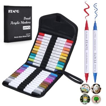 Imagem de KEMYR Canetas de tinta acrílica com ponta fina e pincel de 24 cores, marcadores de tinta acrílica de ponta dupla para papel, madeira, tela, pedra, vidro, tecido, faça você mesmo, cerâmica, materiais