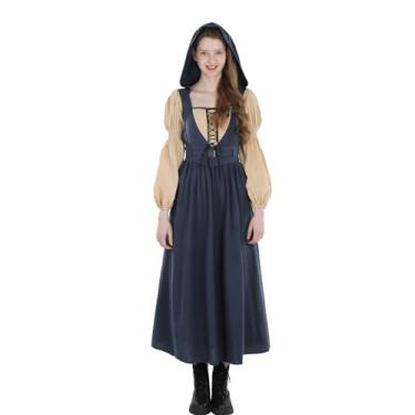 Imagem de Nuoqi Vestido renascentista feminino longo medieval com capuz vestido camponês com cinto espartilho, M