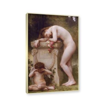 Imagem de Moldura dourada champanhe. Impressões de arte William Adolphe Bouguereau - Pintura de retrato - (Elegy) - Pôster temático de mitologia grega - Pôster de decoração de parede vintage. 30 x 48 cm - 11,8