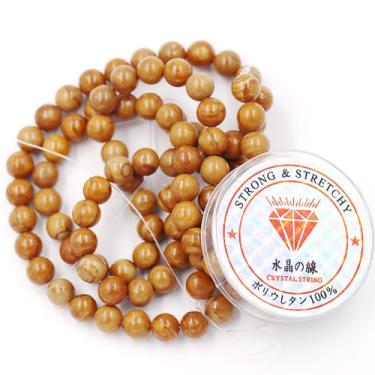 Imagem de Malahill Contas de pedra natural para fazer joias, contas soltas com cordão elástico para fazer joias, pulseiras, colares, 10 mm = 76 peças, fóssil de sândalo amarelo 10 mm