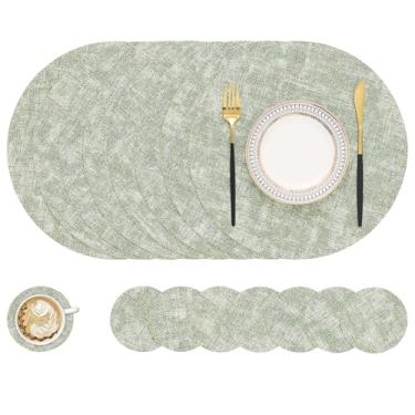 Imagem de homing Jogo americano redondo de couro sintético e porta-copos conjunto com 8 - tapetes laváveis e resistentes ao calor, tapetes de mesa dupla face limpáveis para ambientes internos e externos