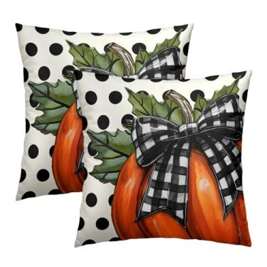 Imagem de Mweet Conjunto de 2 capas de almofada de outono rústicas, 45,7 x 45,7 cm, vintage, xadrez, abóbora, bolinhas, fazenda, quadrado, fronhas, algodão, lavável, para sofá, varanda, pátio, banco, decoração