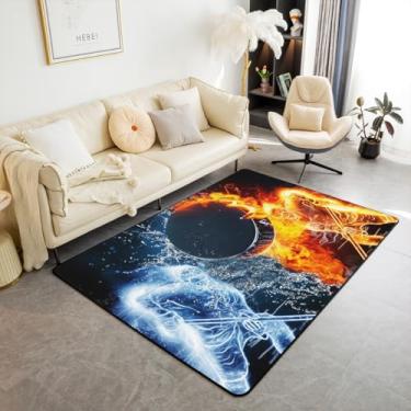 Imagem de jejeloiu Tapete de área de hóquei no gelo para crianças, 13 x 17 cm, tapetes de jogos esportivos no gelo, para sala de estar, quarto, decoração de disco, hóquei, interior, jogador de hóquei, laranja, azul, tapete de acento para quarto