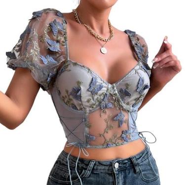 Imagem de Blusa Com Manga Cropped Curta Crop Top Telinha Transparente - Modas Fa