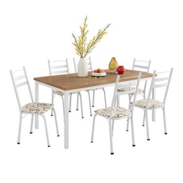 Imagem de Conjunto de Mesa Retangular com Tampo de MDP Amadeirado e 6 Cadeiras Adriana III Revestimento Sintético Cedro e Branco