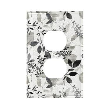 Imagem de Ujkrvesj Capas de tomada de folha de eucalipto cinza branco e cinza, capas decorativas para interruptores de luz, placas de parede elétricas florais, placa frontal para quarto, banheiro, casa