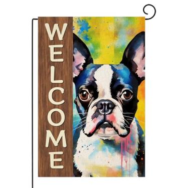 Imagem de TopPacific Boston Terrier Welcome Garden Flag Dogs Paw Prints Spring Yard Flag Pet Lovers Gift 30 x 45 cm dupla face animais de estimação Welcome People Tolerated Burlap Yard Sign (10047)