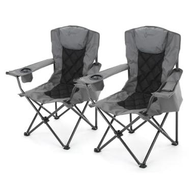 Imagem de ARROWHEAD OUTDOOR Pacote com 2 poltronas dobráveis portáteis de luxo para acampamento com apoio de cabeça, suporte de copo e vidro, refrigerador Armest para 6 latas, bolsa de transporte resistente
