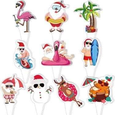 Imagem de 30 Pcs Summer Christmas Cupcake Toppers, Cardboard Flamingo Cupcake Toppers, Tropical Cake Topper Christmas July Cake Picks, Summer Cup Toppers for Pool Beach Party Xmas in July Decorations