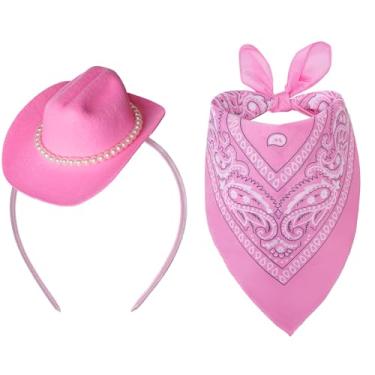 Imagem de Chapéu de caubói para mulheres, rosa, mini chapéu de vaqueira, bandana com bandana, acessórios de fantasia de vaqueira, festa de cowboy de Halloween, rosa, P