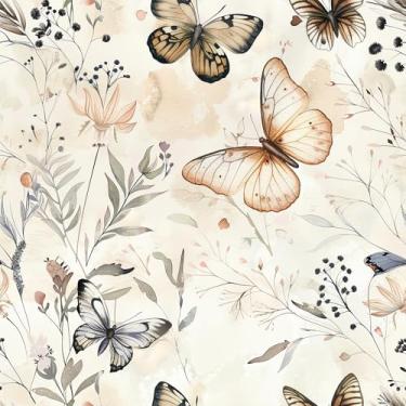 Imagem de VEELIKE Boho Wildflowers Papel de parede floral vintage borboletas papel de parede floral para quarto de bebê casa de fazenda 40 cm x 900 cm, papel de parede botânico removível autoadesivo para