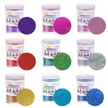 Imagem de Kit 09 Potes Glitter Escolar PVC Metálico 3g Lantecor  Purpurina  Bril