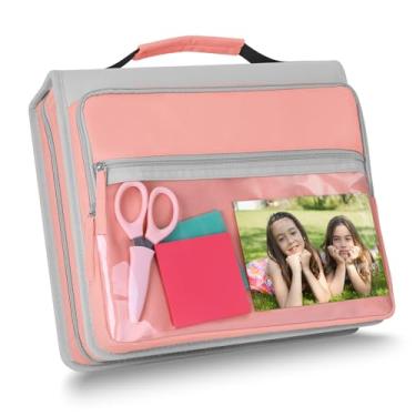 Imagem de Ndsox Fichário de zíper com 3 anéis com alça, organizador de documentos de 5 cm com zíper para estudantes, pasta expansível de 5 abas e 2 bolsas de malha, bolso frontal transparente DIY, rosa