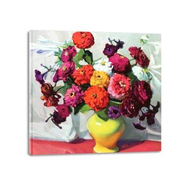 Imagem de Jane Peterson, arte famosa, "Zinnias em um vaso", reproduções de pintura, impressão em tela clássica, pôster de arte de parede expressionismo para decoração 80 x 80 cm emoldurado