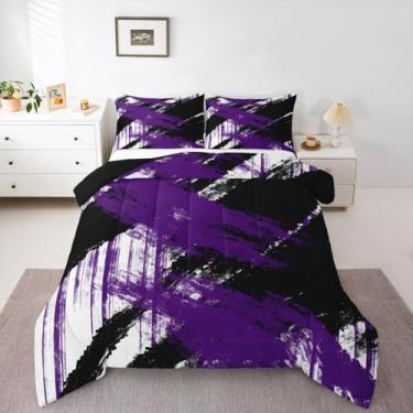 Imagem de jejeloiu Conjunto de edredom de arte abstrata, tamanho Queen, moderno, geométrico, para meninos, meninas, adolescentes, branco, preto, roxo, edredom para decoração de quarto