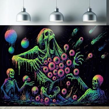Imagem de Starlit Patio Tapeçaria de Esqueleto com Luz Negra UV Reativo para Parede Terror Cósmico e Gotejamento para Quarto, Dormitório, Sala de Estar, Decoração Trippy Brilhante, Pôster Assustador