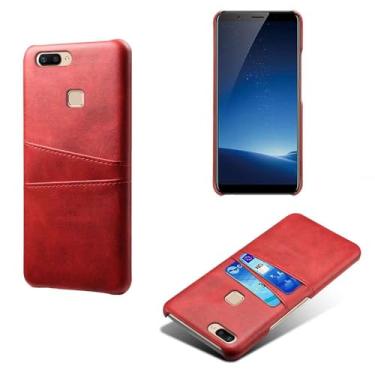 Imagem de Capas Compatível com VIVO X20,Caso de couro PU-Tampa de telefone a prova de choque com 2 slots de cartão,Proteção anti-impressão digital e anti-gota-Red