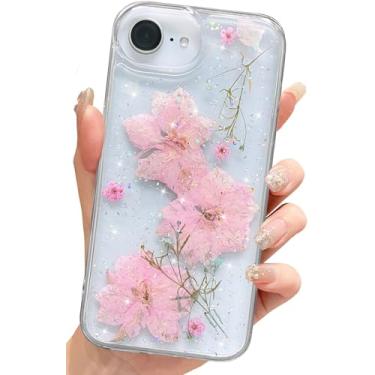 Imagem de CEOKOK Capa para iPhone 16e transparente com flores com design fofo, capa protetora fina feminina verdadeira seca prensada floral brilhante à prova de choque estética para iPhone SE 4 (rosa brilhante)